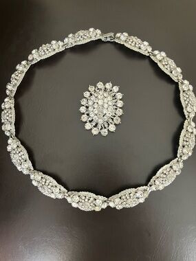Sonya Taherian Crystal Silver-Tone Bridal Necklace and Brooch Set. OC, CA.